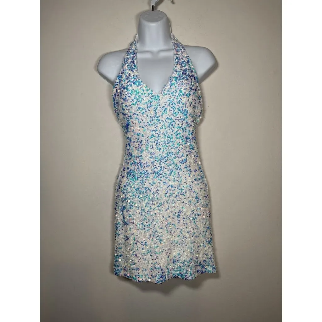 B DARLIN Size XS Sequin Bodycon Halter Mini Dress Semi Formal Bachelorette - Image 3