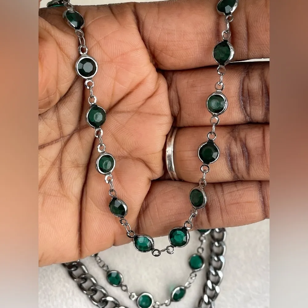 Vera Wang Multi Layer Green Crystal And Silver Toned Necklace - Image 7