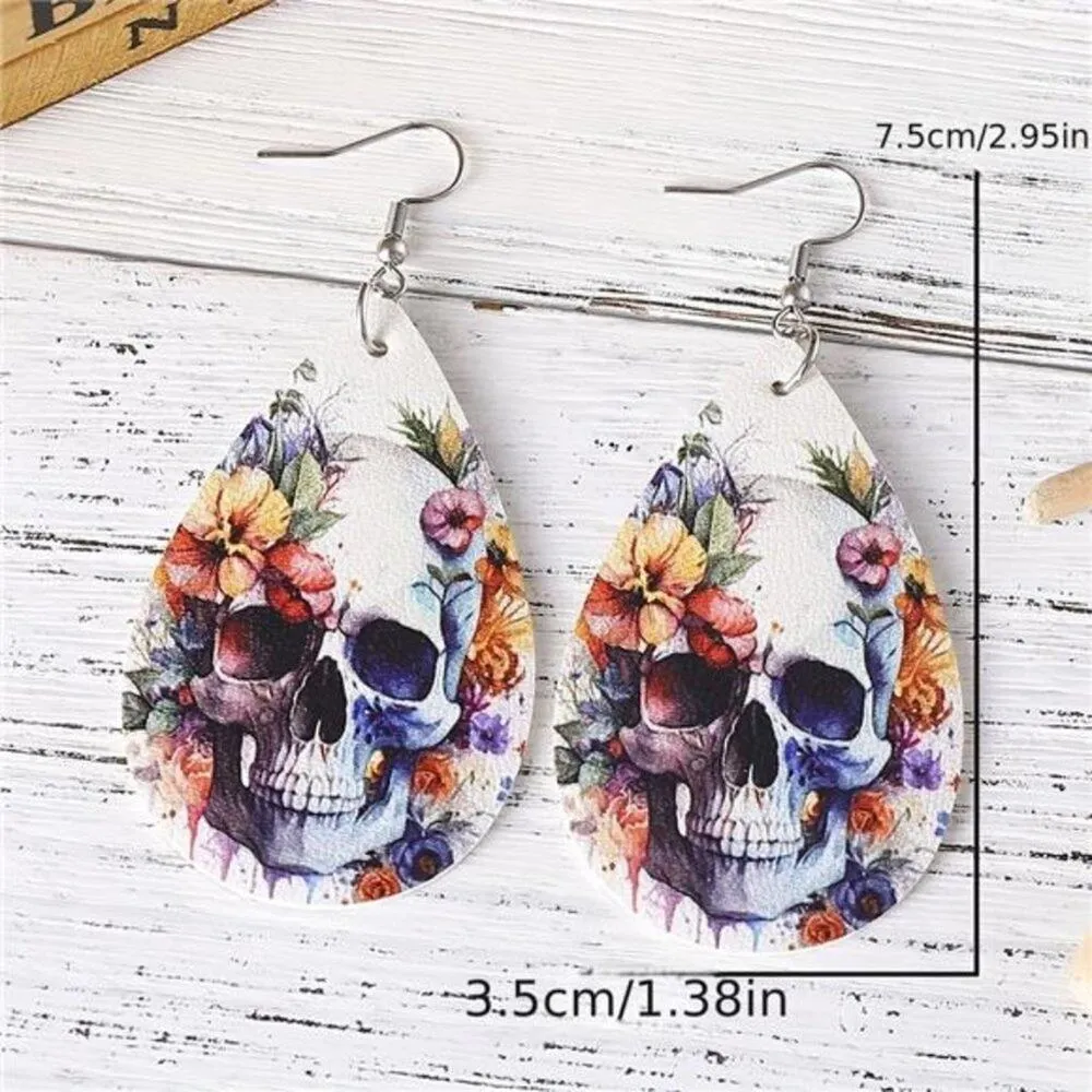 Halloween Flower Skull Pattern PU Leather Reversible Drop Earrings, New! White - Image 4
