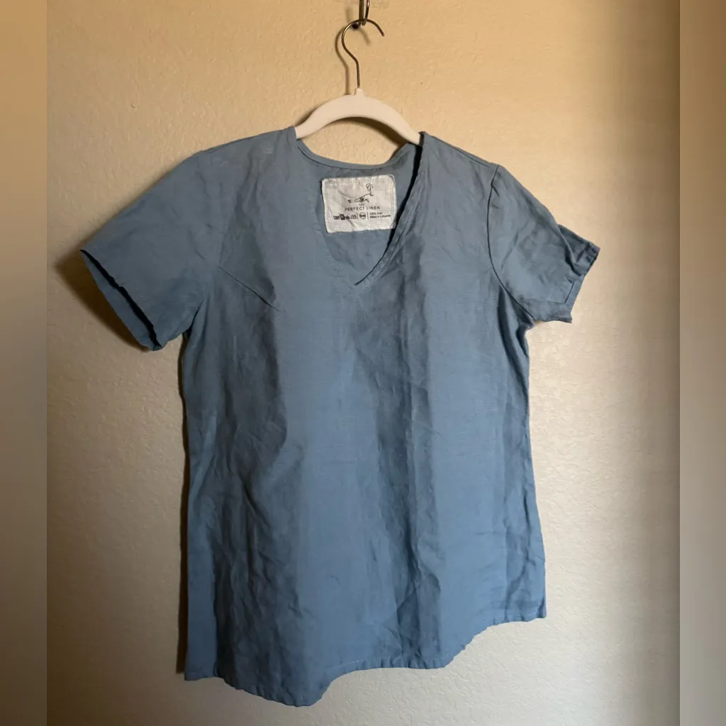 Not Perfect Linen Zurich Shirt Sz Small in Blue V Neck Summer Lagenlook - Image 2