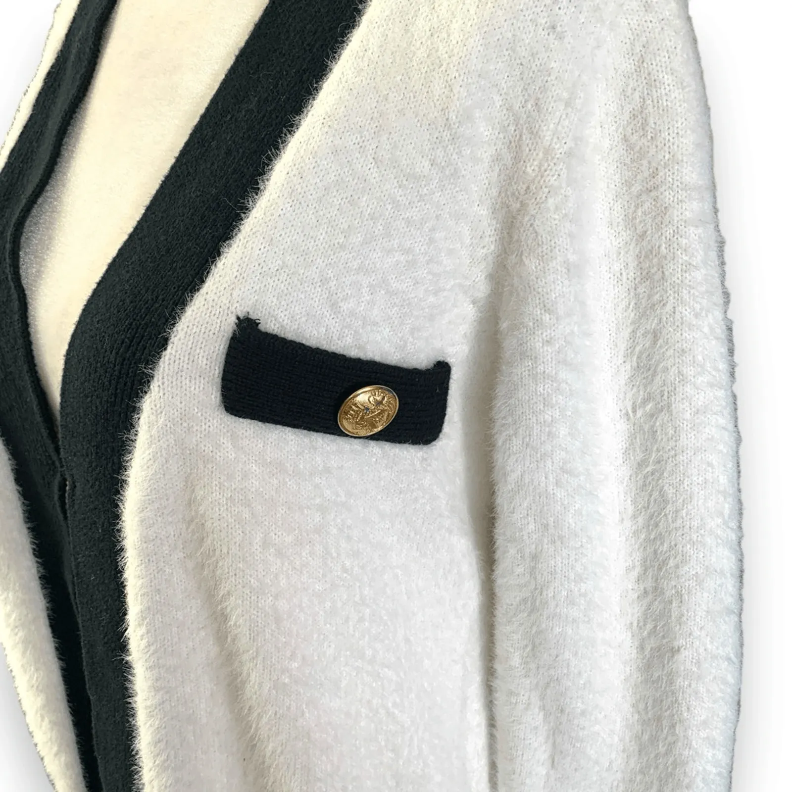 Boston Proper White Black Gold Button Colorblock V Neck Cardigan XS Fuzzy Plush - Image 3