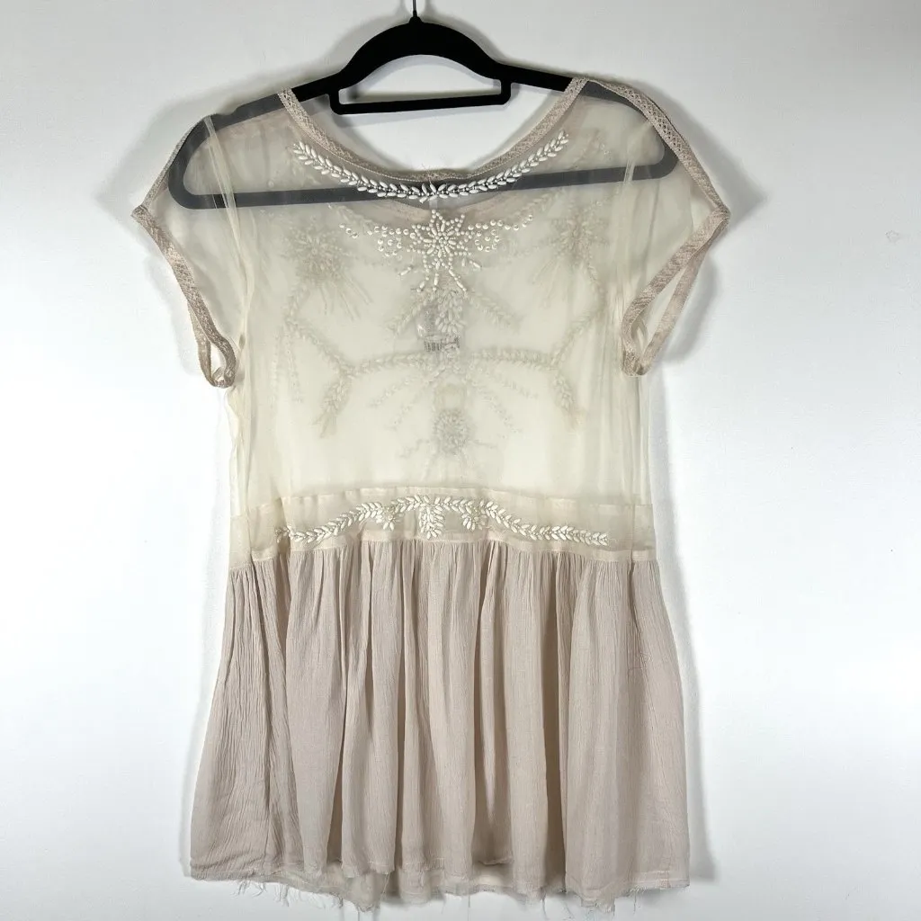 Free‎ People Top Womens Cream Sheer Beaded Mesh Boho Lace Top Size M NWT Boho - Image 9