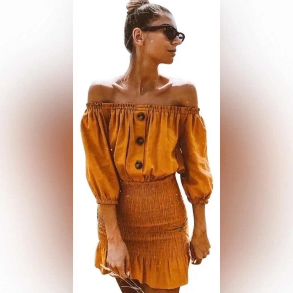Zara smocked mustard off the shoulder linen  dress NWOT - Image 3