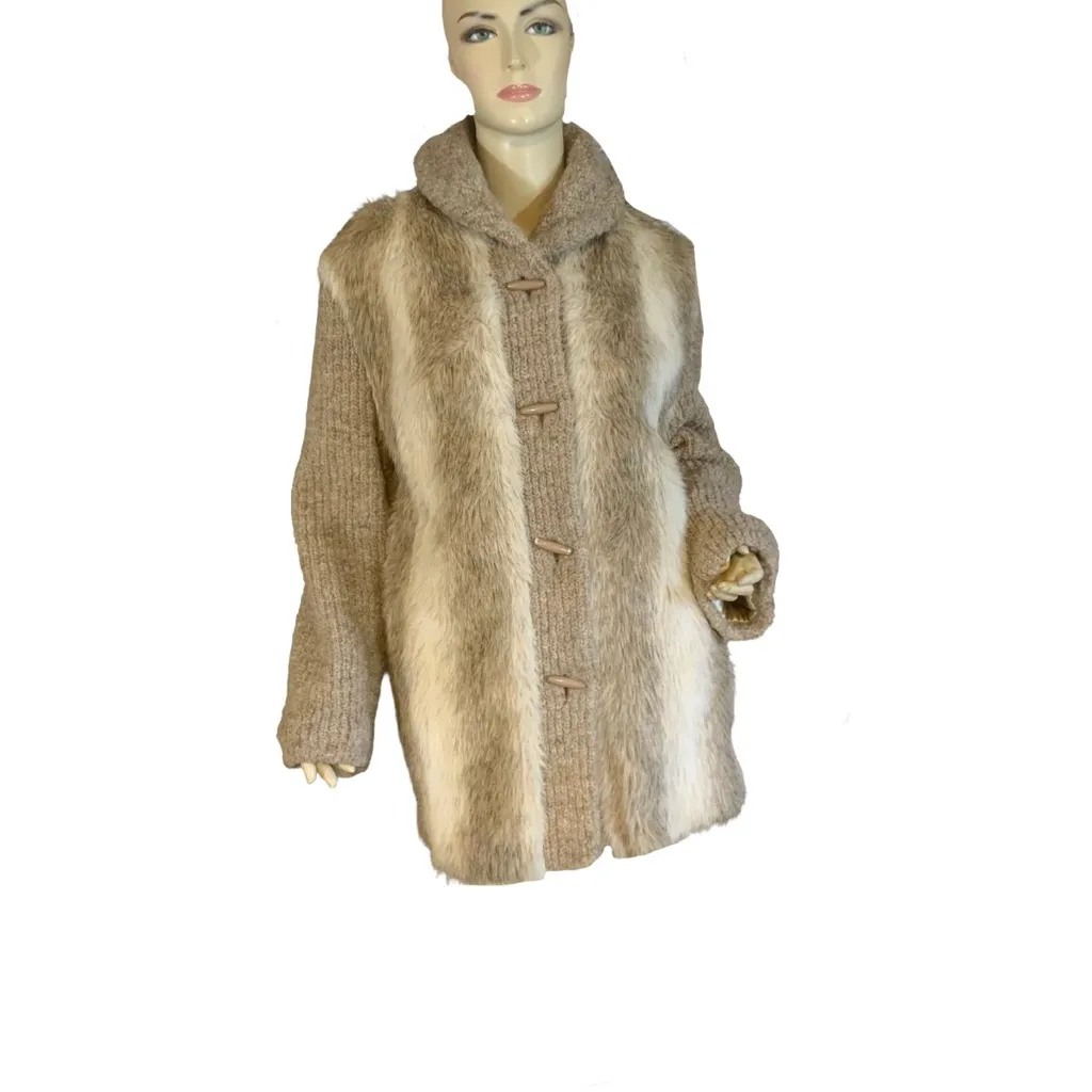 VINTAGE 1980’S D'ESPRIT DUBROWSKY & PERLBINDER TAUPE FAUX FUR & KNIT COAT (XL) Brown - Image 3