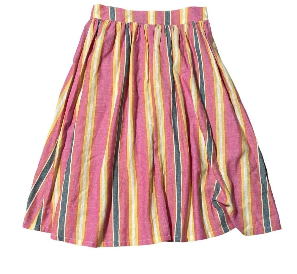 Sunrise stripe A-Line Button-front linen multi colored striped retro midi skirt - Image 4