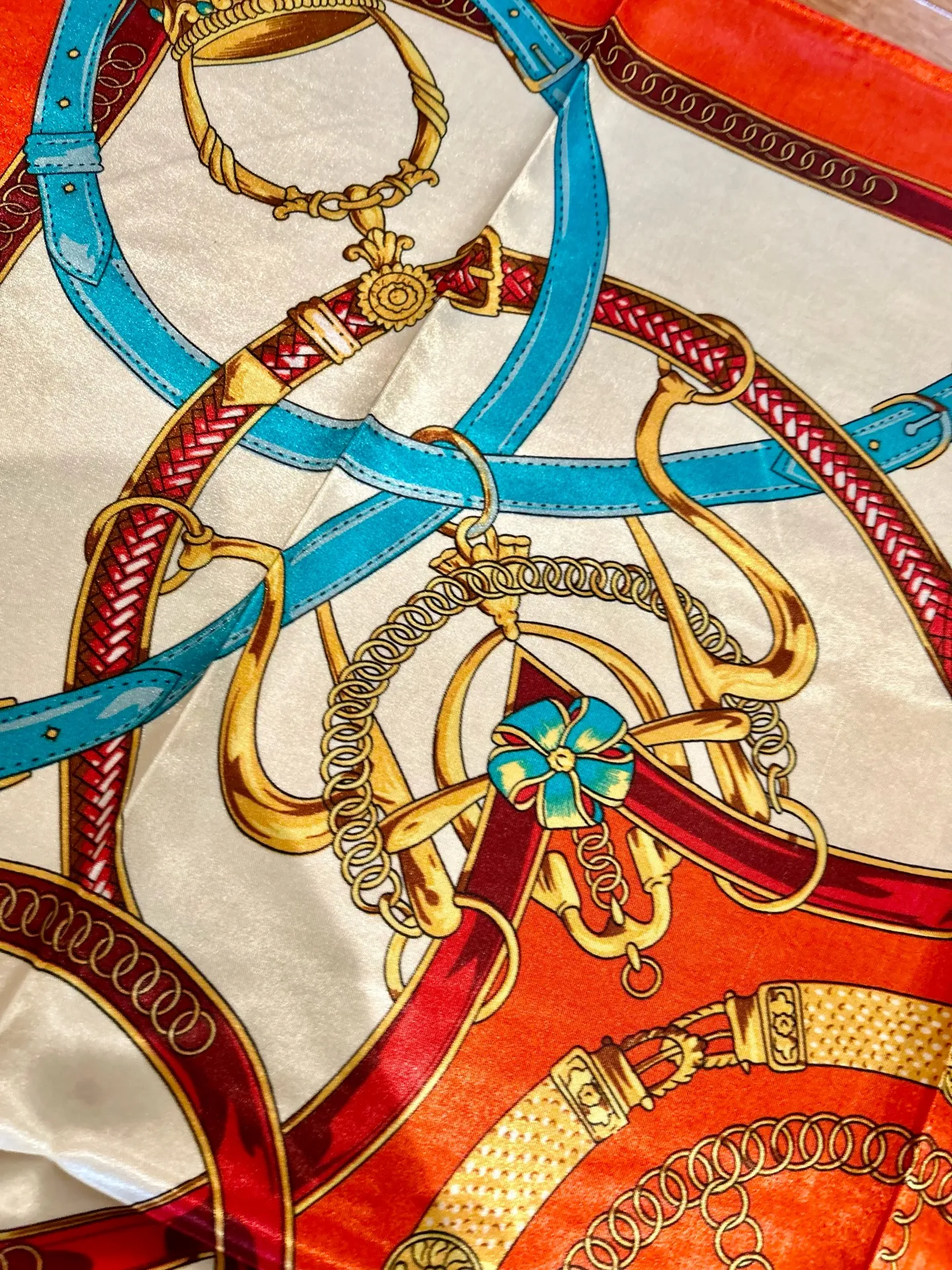 Vintage Equestrian Royal Crown print oversized had rolled silky Scarf 35/35 Orange - Image 8