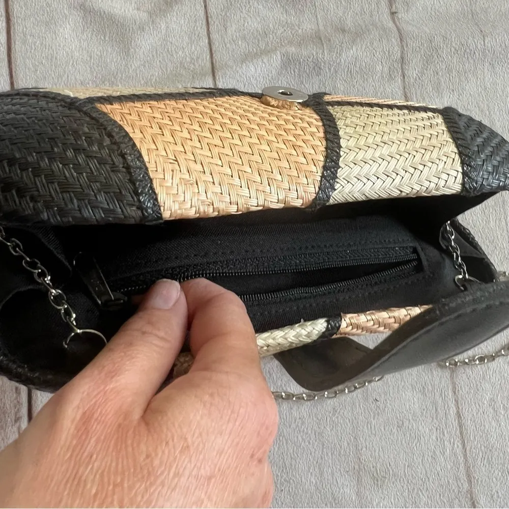 New Handmade Buntal Straw Clutch Purse Chain Strap Magnetic Snap Closure Tan Brown - Image 6