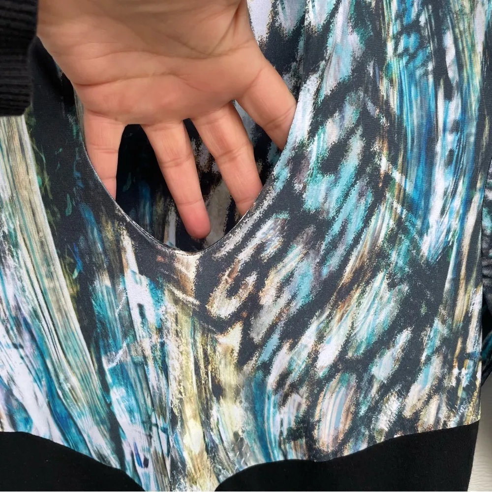 Boho Chic Women’s Shirt Blouse Blue Mixed Print Color Block Stretch Small - Image 10