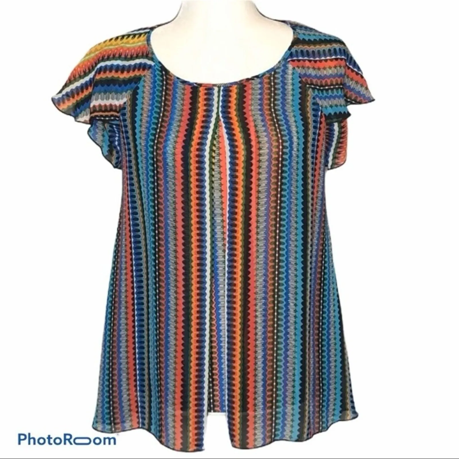 Cato Vibrant Striped Ruffle Sleeve Split Front Layered Blouse Women’s M - Image 3