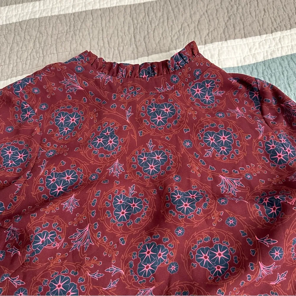 Derek Lam Mock Neck Shift Dress 40 Floral Crepe Maroon 6 - Image 11