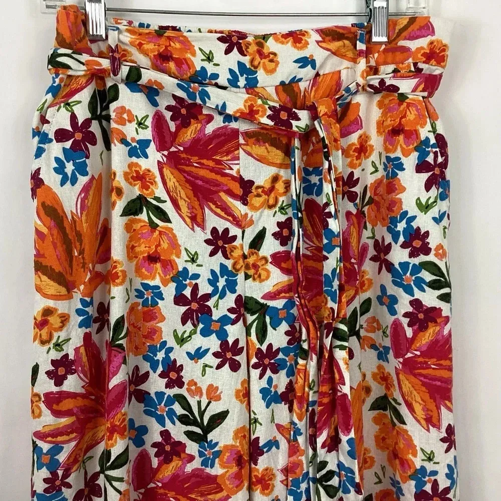 Joie Floral Linen Blend Wide Leg Pants With Beaded Belt Size 8 - Image 2