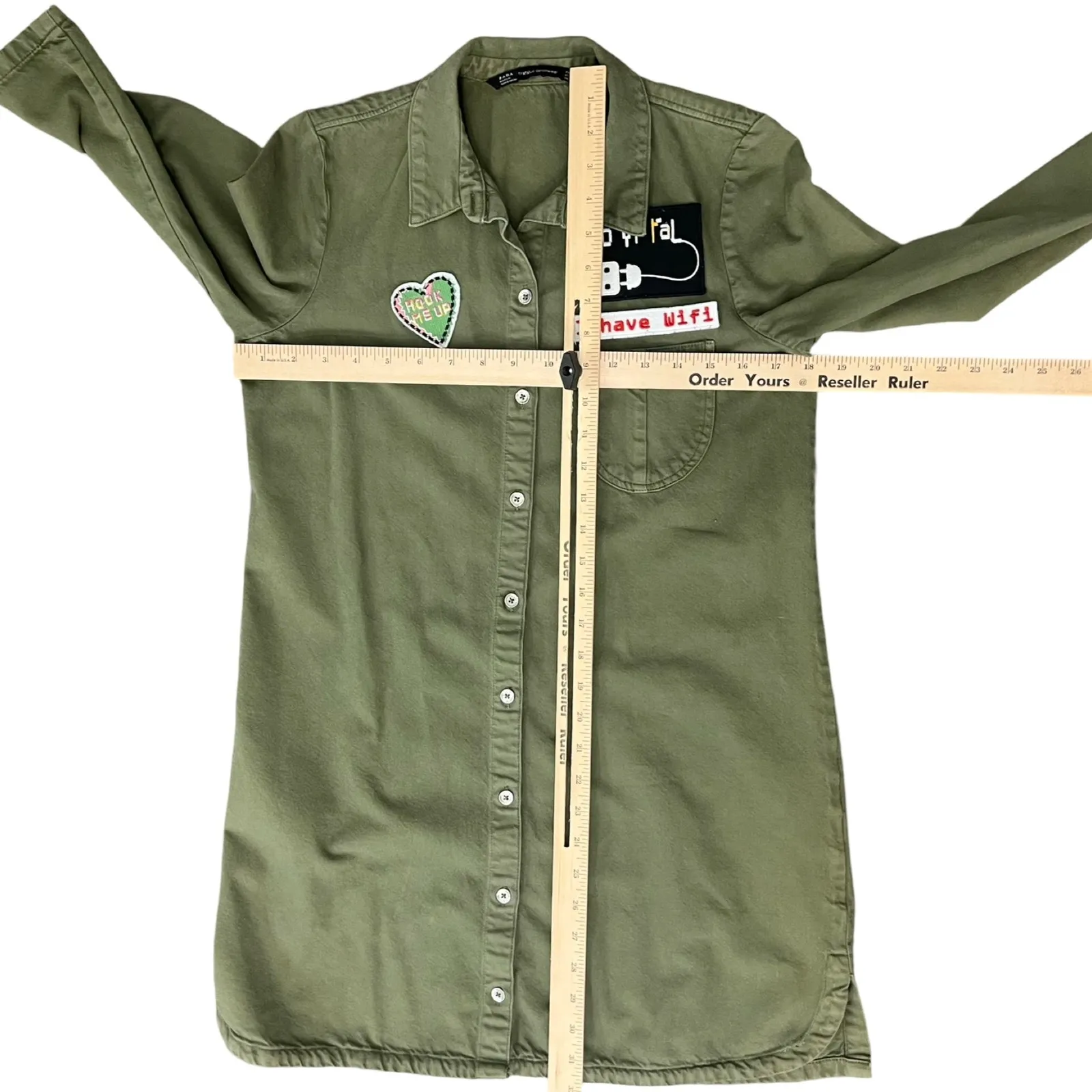 Zara Olive Green Patches Denim Button Down 3/4 Sleeve Shirt Dress sz S Trafaluc - Image 4