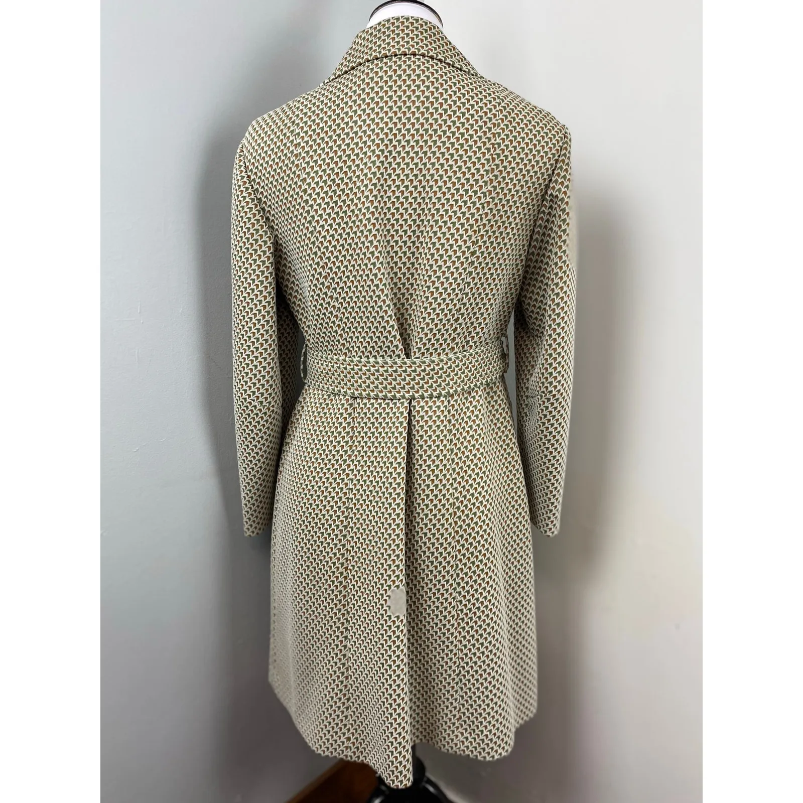 Vintage Lan Siang 70s Geometric Button Front Long Blazer Pea Coat MCM Medium Green - Image 11