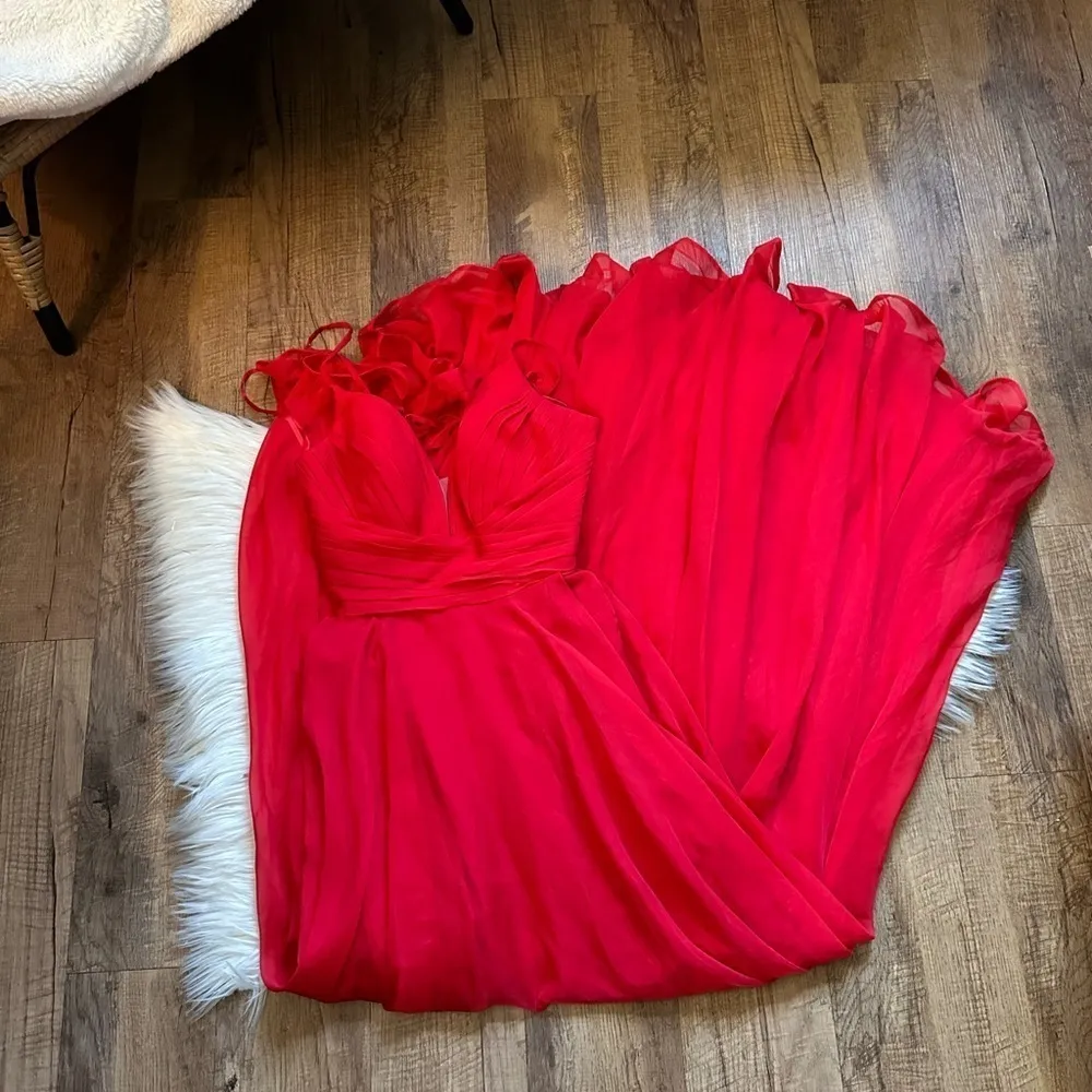 LA FEMME Halter Strappy A-Line Gown With Slit In Red - Image 3