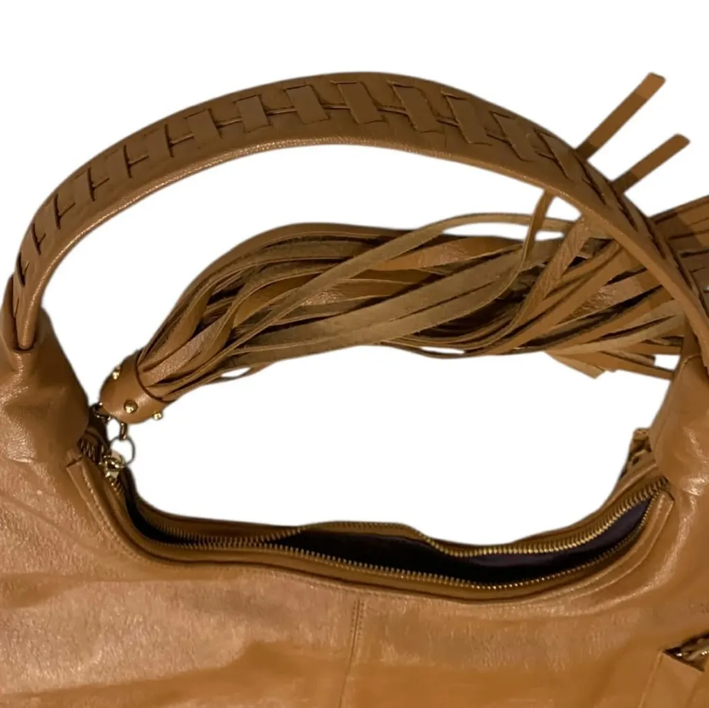 SHARIF 1827 Leather & Leopard Calf Hair Hobo Bag Tassel Boho Vintage Mob Wife Tan - Image 8
