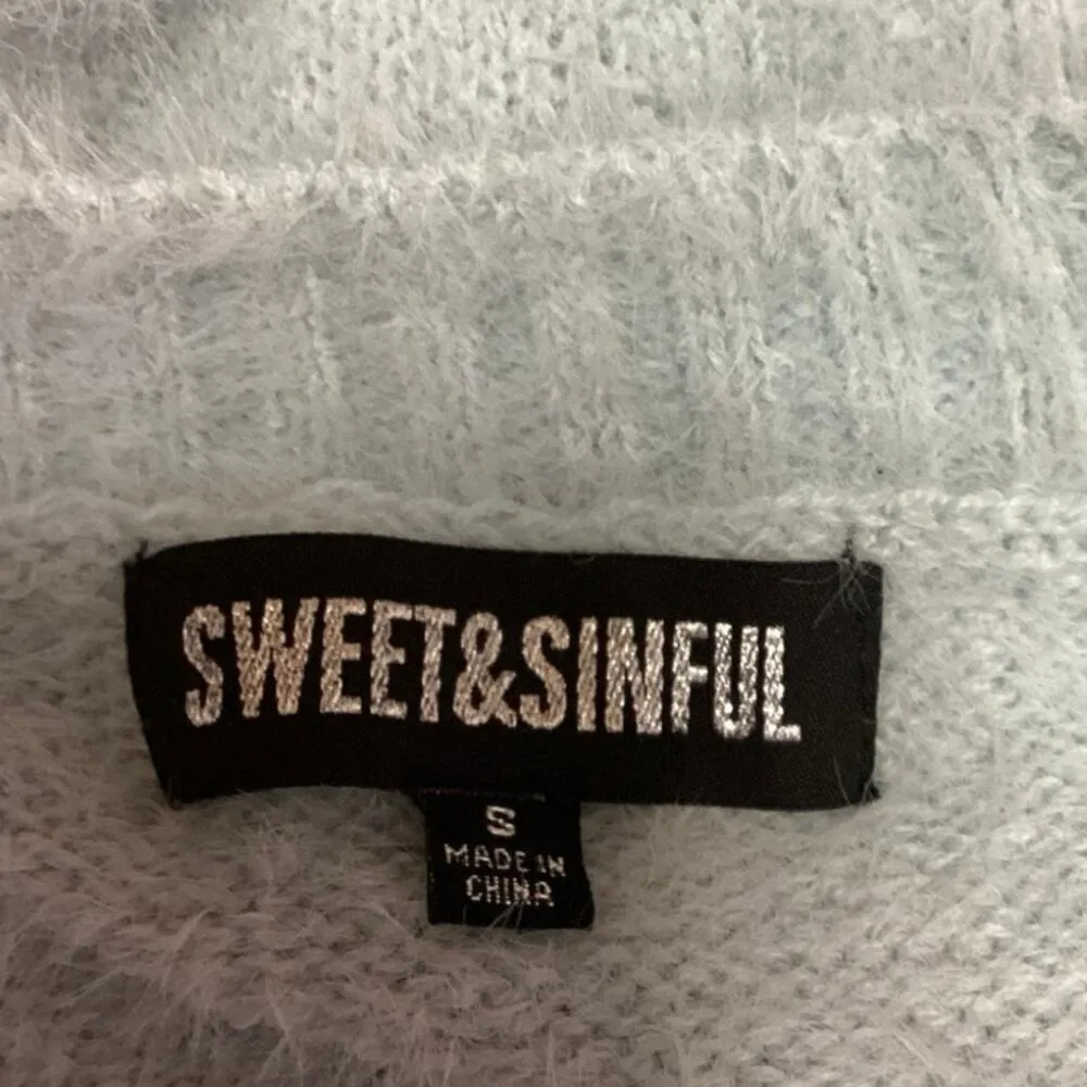 Sweet & Sinful Blue Mohair Eyelash Knit Fuzzy Fur Cardigan Sweater Top Size S - Image 4