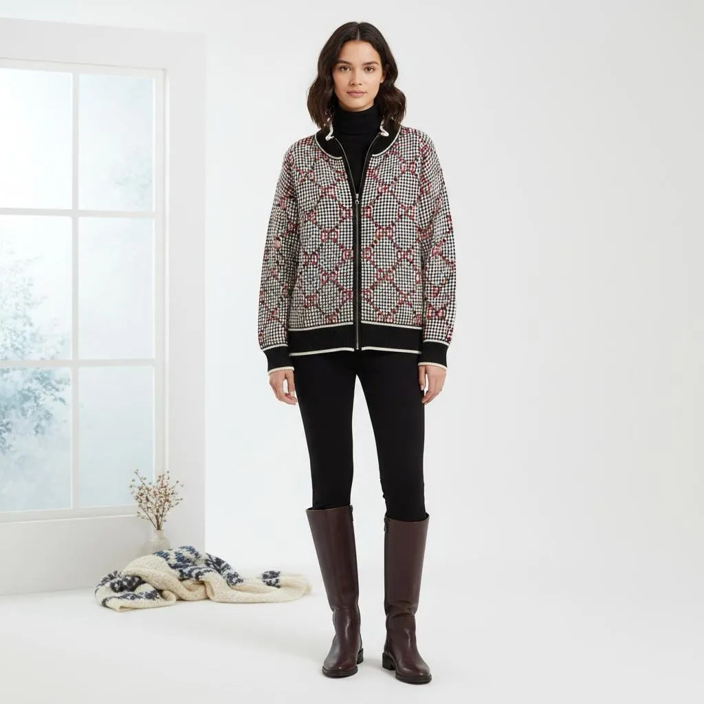 Anne Klein Jacquard chain detail houndstooth full-zip grandpa cardigan Sz XL - Image 12