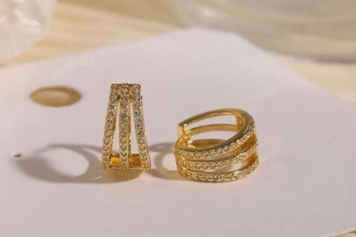 18K Gold Plated Three Circles Hoop Earrings for Women, CZ Cubic Zirconia Earrings - Image 4