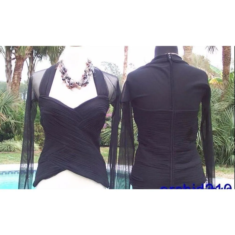 Cache Black Ruched Ottoman Sheer Illusion Shoulder Sleeve Top Built Bra NWT$168 - Image 6