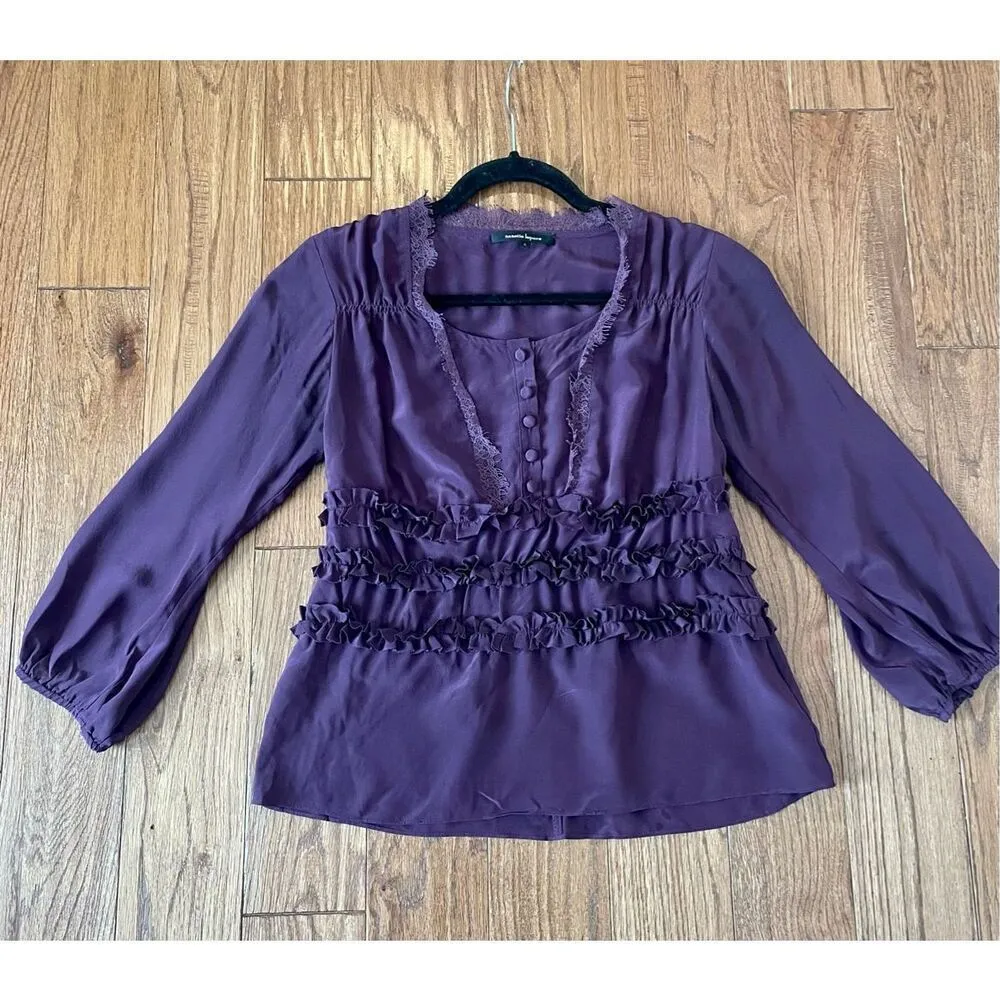 Nanette lepore 100% silk purple ruffled lace trim blouse size 0 - Image 7