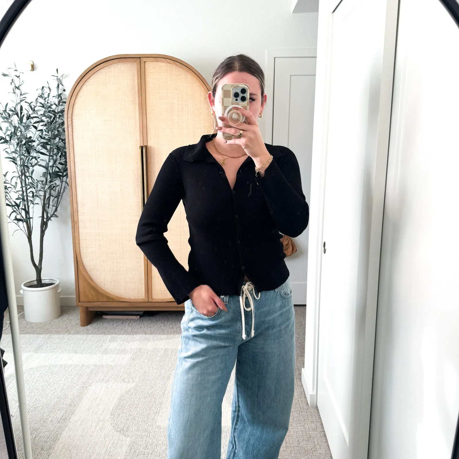 Topshop Black Ribbed Button Front Top - Image 9