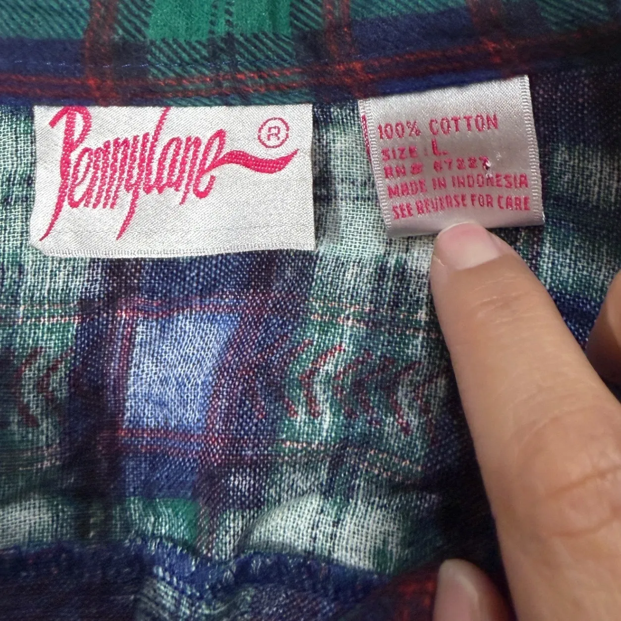 Pennylane Plaid Button Down Shirt Women's Size L Denim Collar Floral Detail Green Size L - Image 4