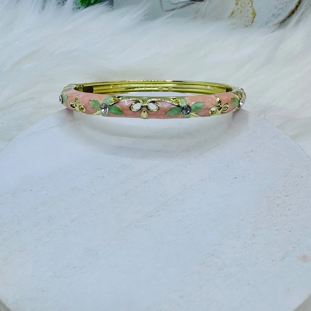 Light pink & green Flower Enamel Cloisonne Bracelet Bangle - Image 2