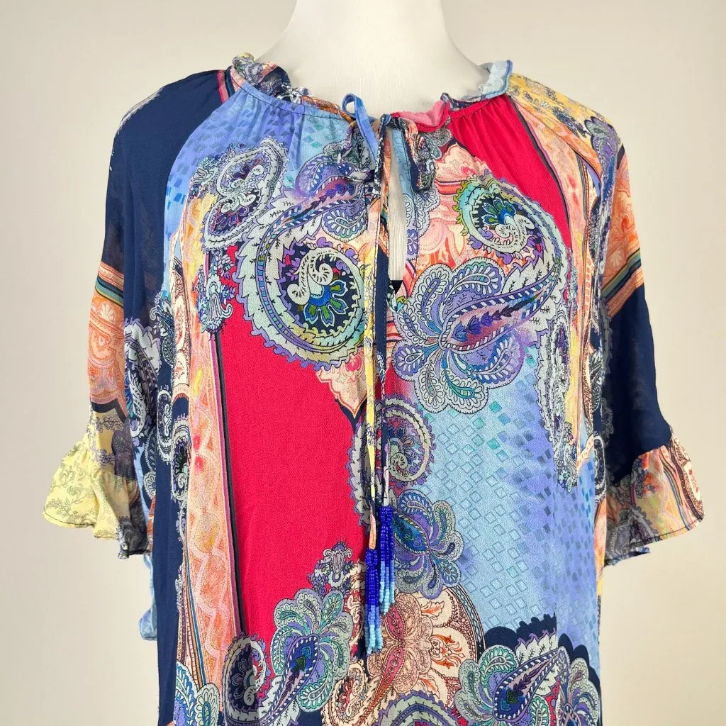 $345 NWOT JOHNNY WAS Beads Multicolor Paisley Kaftan Chiffon Maxi Dress Size XS - Image 9