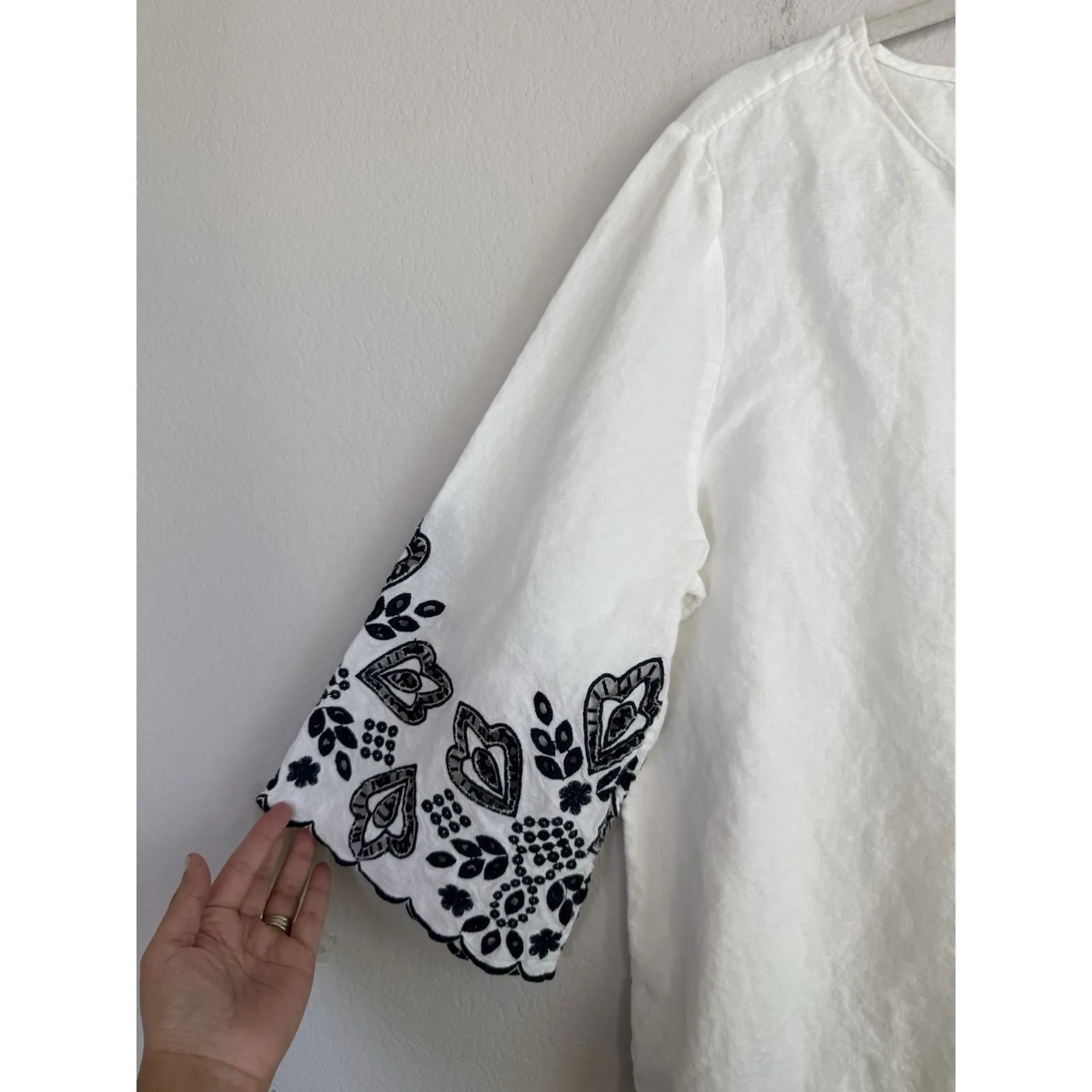 Chico's Linen Blend Cutwork 3/4 Sleeve Embroidered White Top Women's Sz 3 16/18 - Image 5