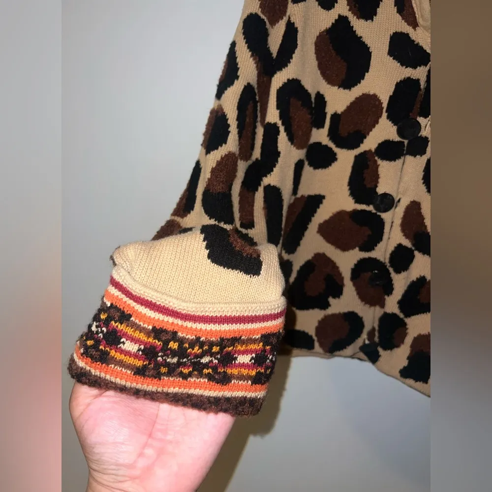 Leopard Print Cardigan with Orange Accents Tan Size M - Image 4