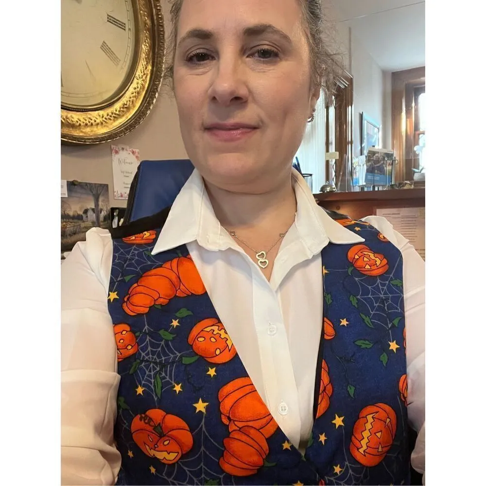 Halloween Pumpkin, Spider Web Fashion Blue, Orange, Green, Yellow Button Up Vest Blue Size L - Image 3