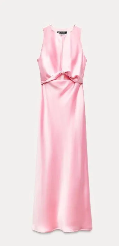 Zara maxi dress midi Light Pink tie knot satin effect wedding party - Image 9