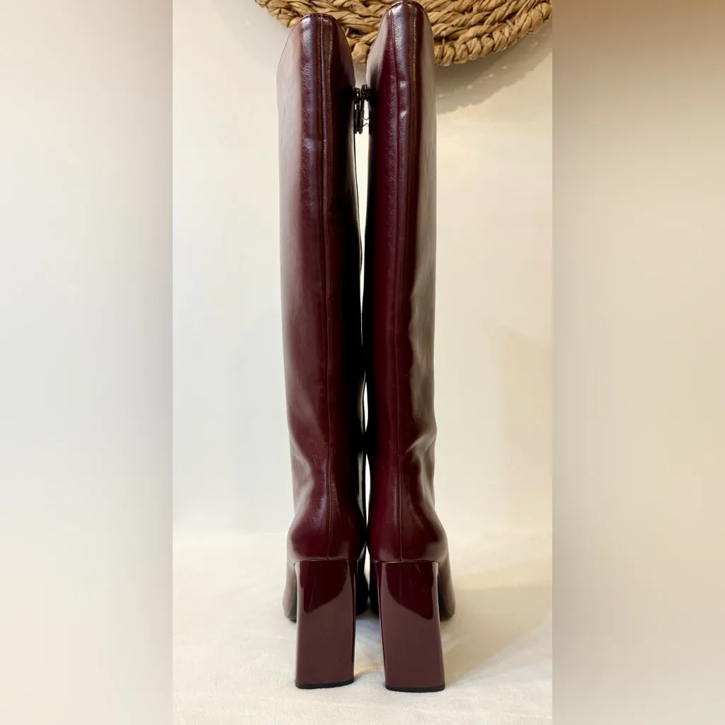 ZARA Women’s Faux Leather Knee High Burgundy Boots with Wide Heel Size EU 40 - Image 5