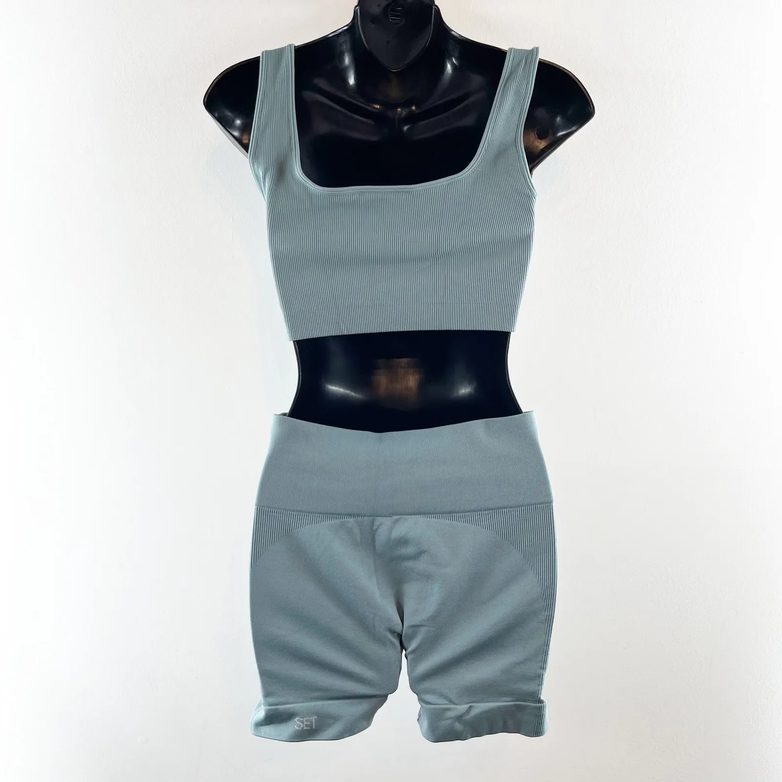 SET Active Sculptflex Power Ribbed Sports Bra Bike Short Set Muted Blue Large - Image 5