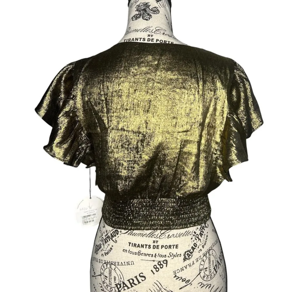 Lost + Wander (S) Heart of Gold Top - Button Front Flutter Sleeve Deep V Cropped - Image 5