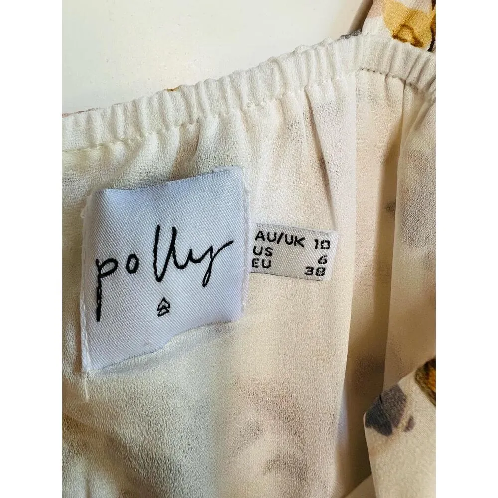 Polly Ivory Floral Print Tie Shoulder Ruffled Hem Sleeveless Mini Dress Size US6 - Image 11