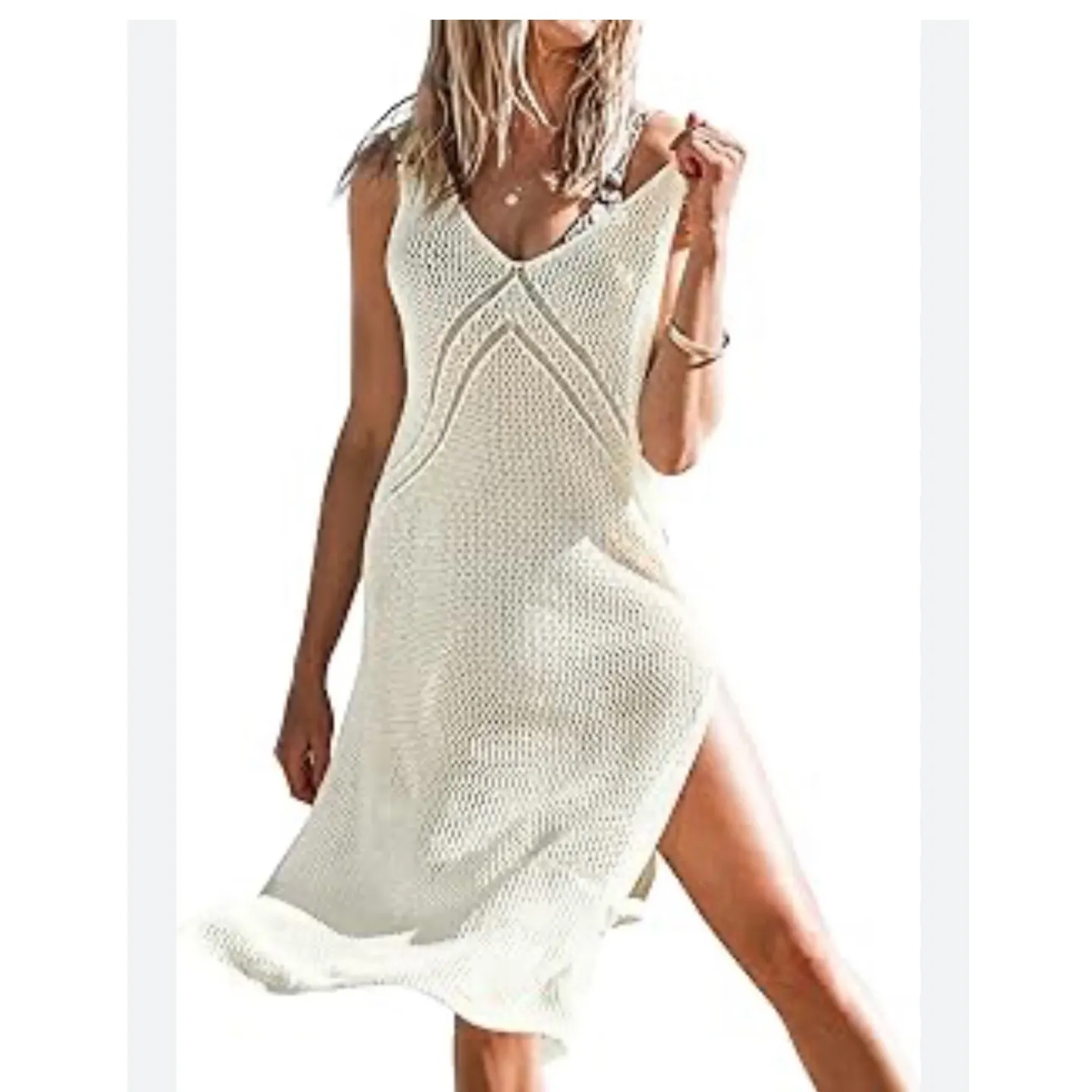 CUPSHE Women Crochet Swimsuit Cover Up Sleeveless Long Split Mesh Beach‎ Dress - Image 3