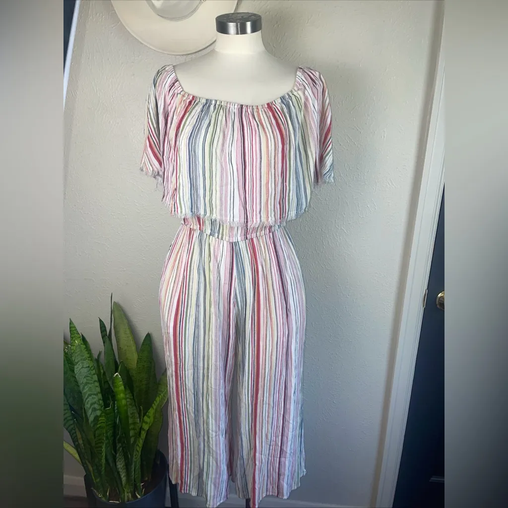 Elan Rainbow Stripe Off Shoulder Jumpsuit Size Small Boho Wide Leg Cropp… - Image 2