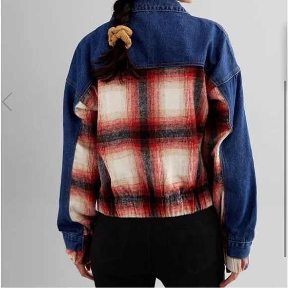 BKE denim jacket with plaid wool blend back detail M - Image 2