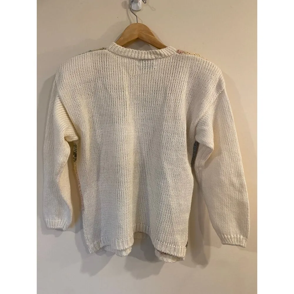 Shenanigans Cream Sweater with embroidery Size Medium Vintage Blue - Image 2