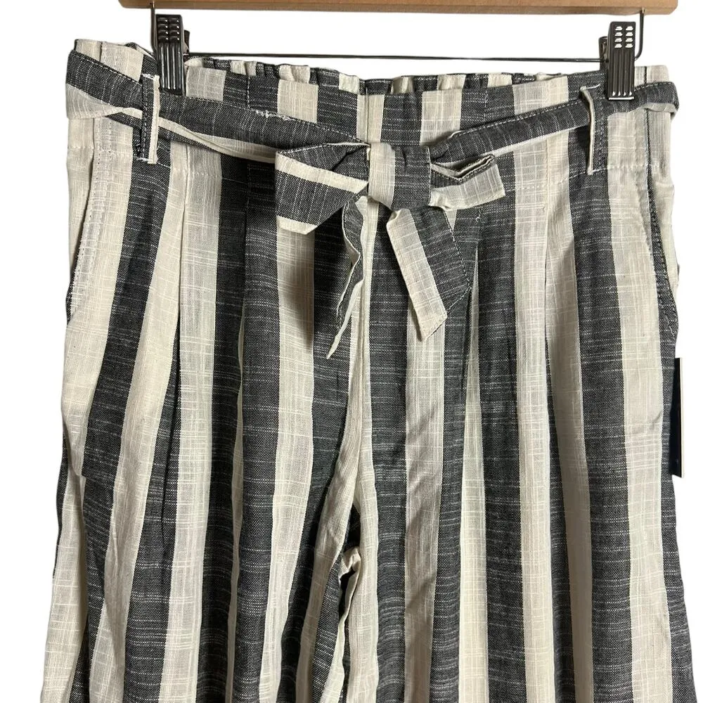 Indigo Rising Ivory Black Striped Wide Leg Belted Tie Waist Linen Pants Size M Size M - Image 3