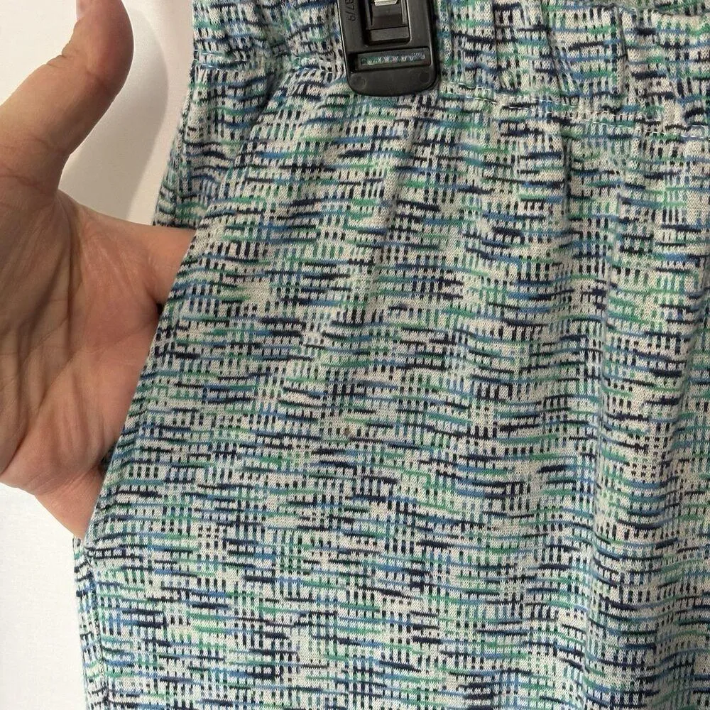 Lands End Sport Knit Straight Leg Pull On Pants Medium Petite Blue Green Print - Image 4