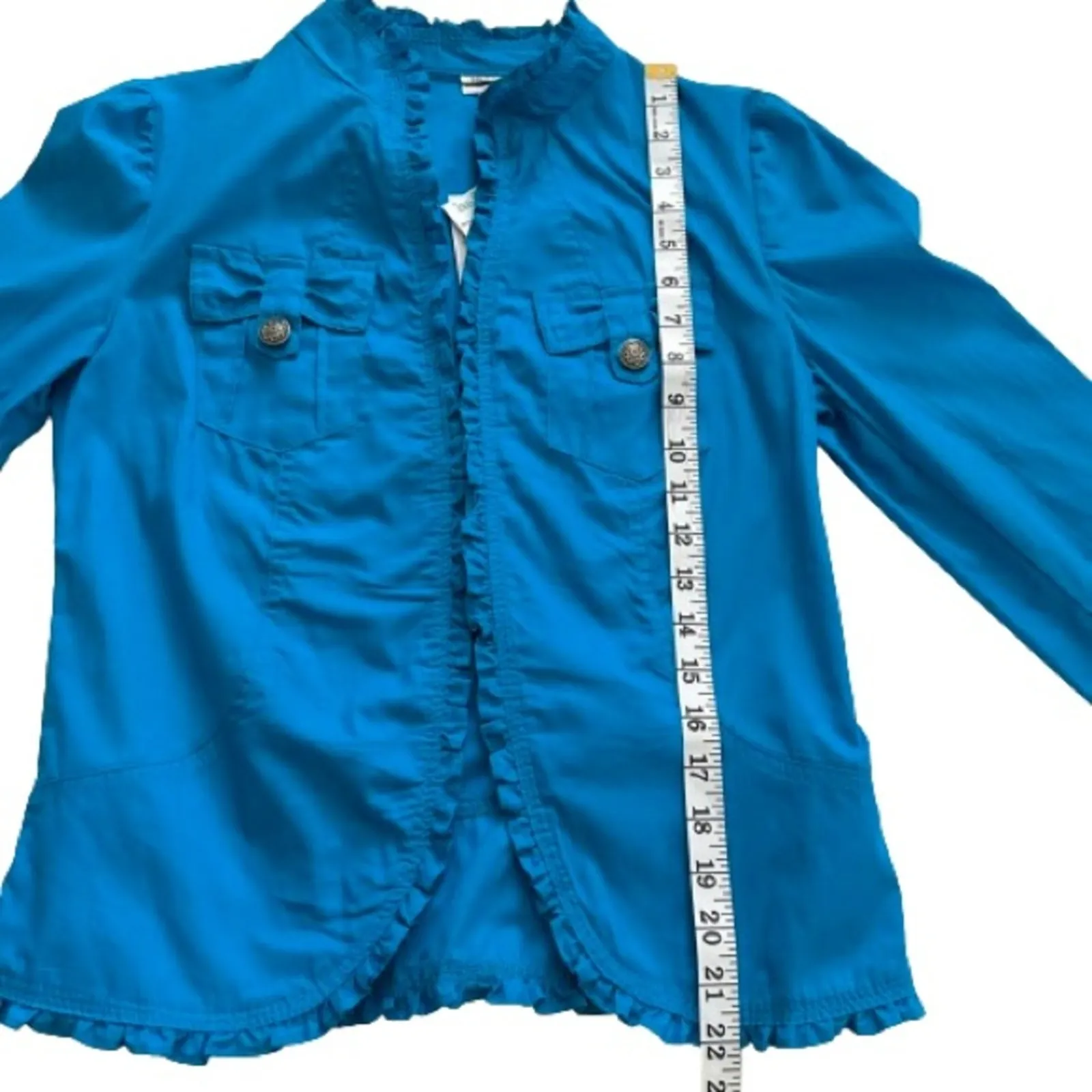 Mirror Image Blazer Jacket Blue Open Front Ruffled Lightweight Summer Small NEW - Image 10
