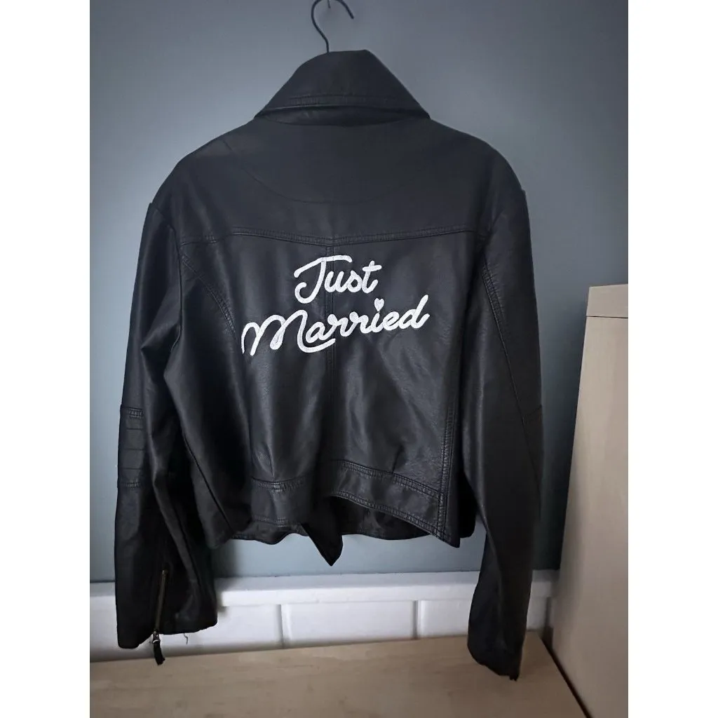 Women's Faux Leather Biker Jacket Size 1S " Just Married” David's Bridal Cute! - Image 2