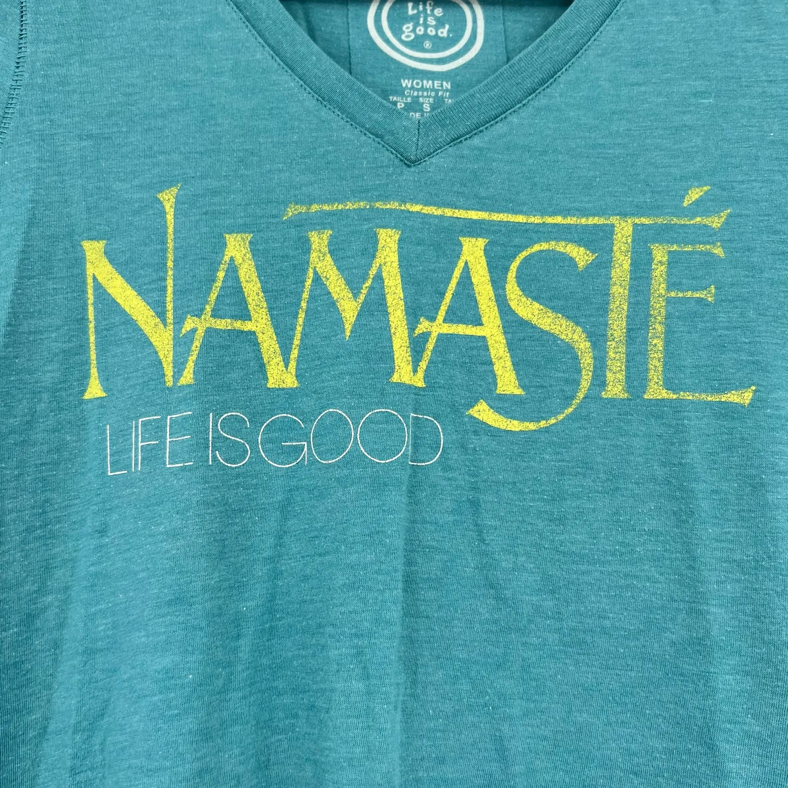 Life is Good NAMASTE Women Size Small Short Sleeve V-Neck classic fit Tee - Image 3