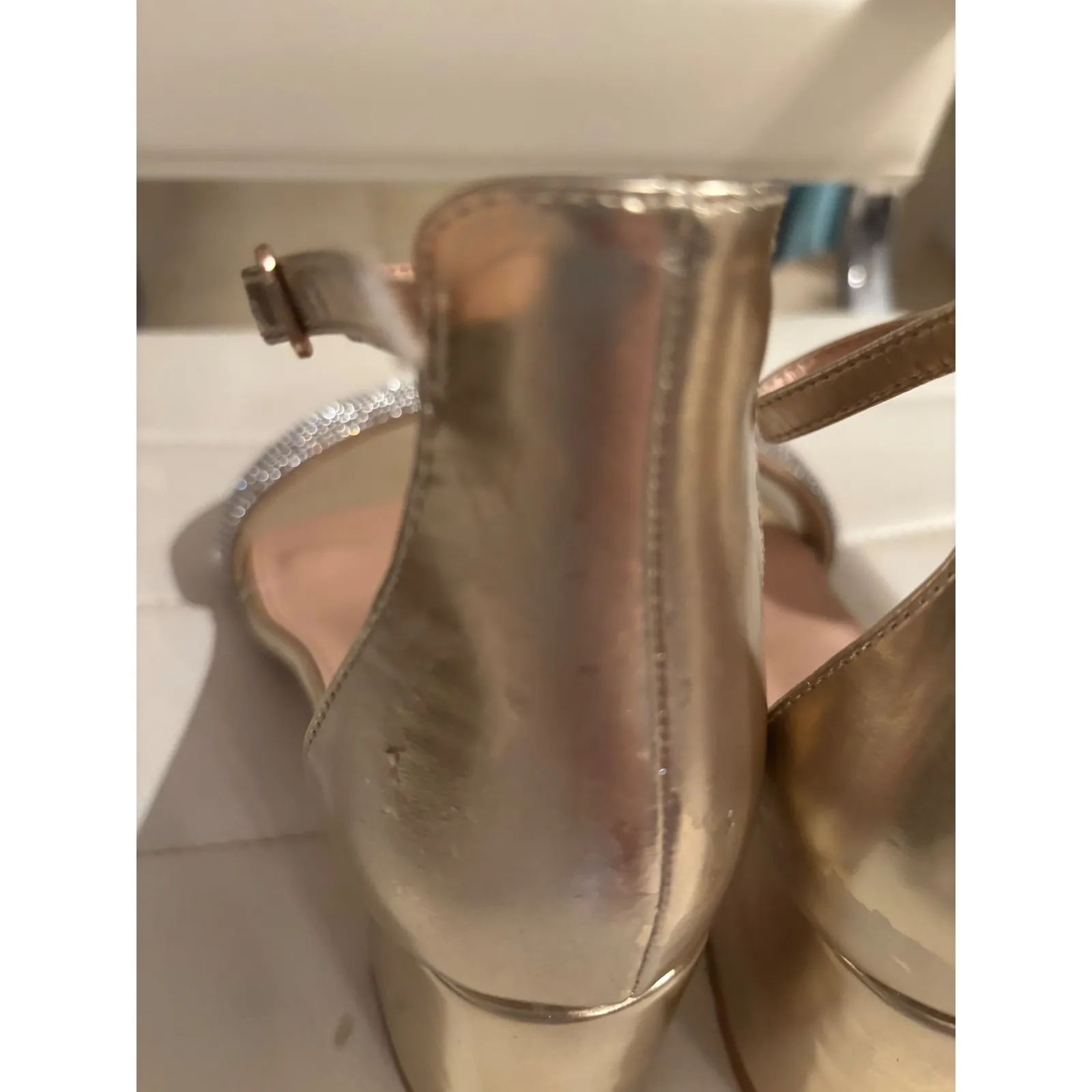 Amoji Womens Gold Rhinestone Block Heel Ankle Strap Sandals Size 37 US 6.5 - Image 9