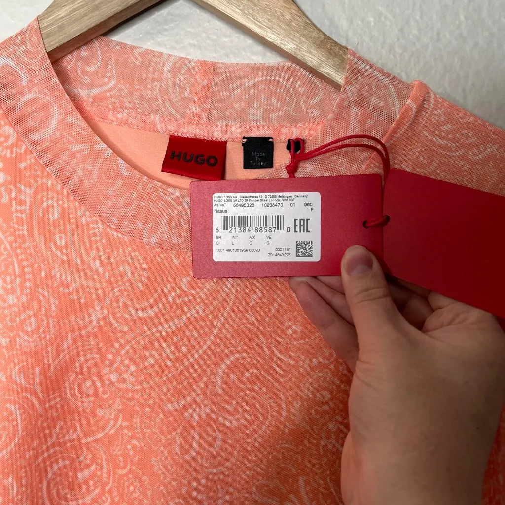 Hugo Boss Womens Nasusi Long Sleeve Orange Stretch Mesh Paisley Midi Dress Large - Image 3