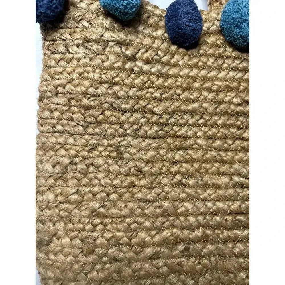 Straw Purse Shoulder Bag Blue Pom Poms Boho Summer Coastal Woven Tan - Image 5
