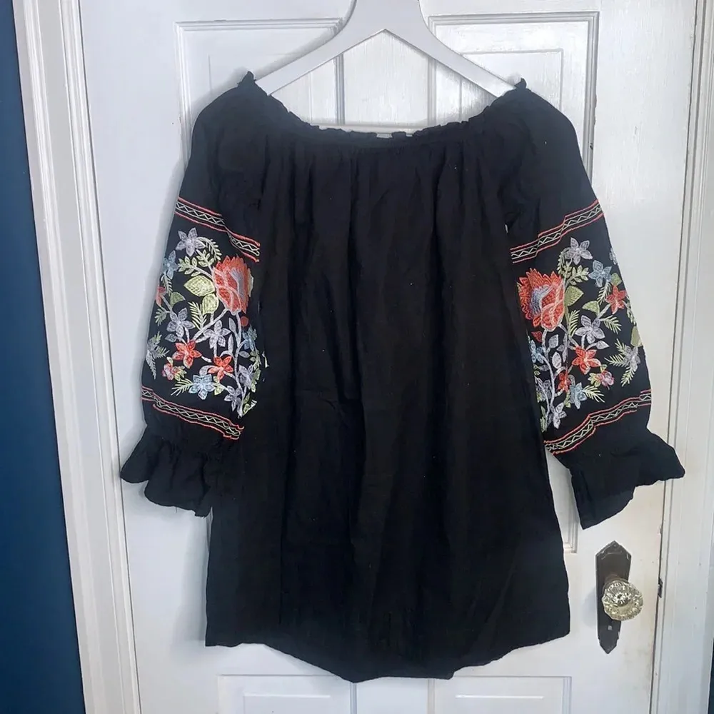 Free People Boho Fleur Du Jour Floral Embroidered Black Dress Size XS W-043 - Image 11