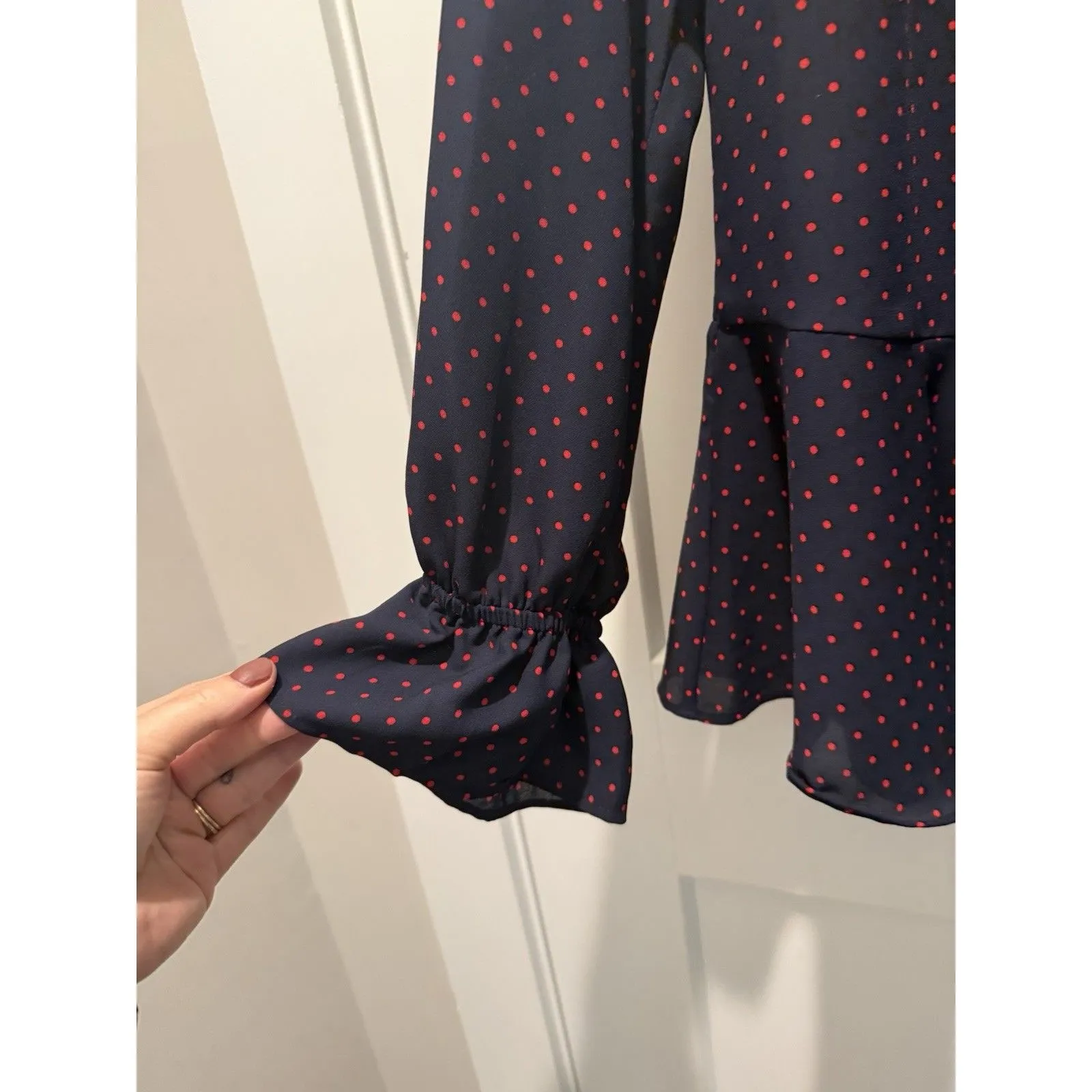 Ralph Lauren Tie-Neck Georgette Top Navy Blue Crimson Swiss Dots Medium Blouse - Image 4